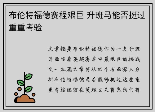 布伦特福德赛程艰巨 升班马能否挺过重重考验